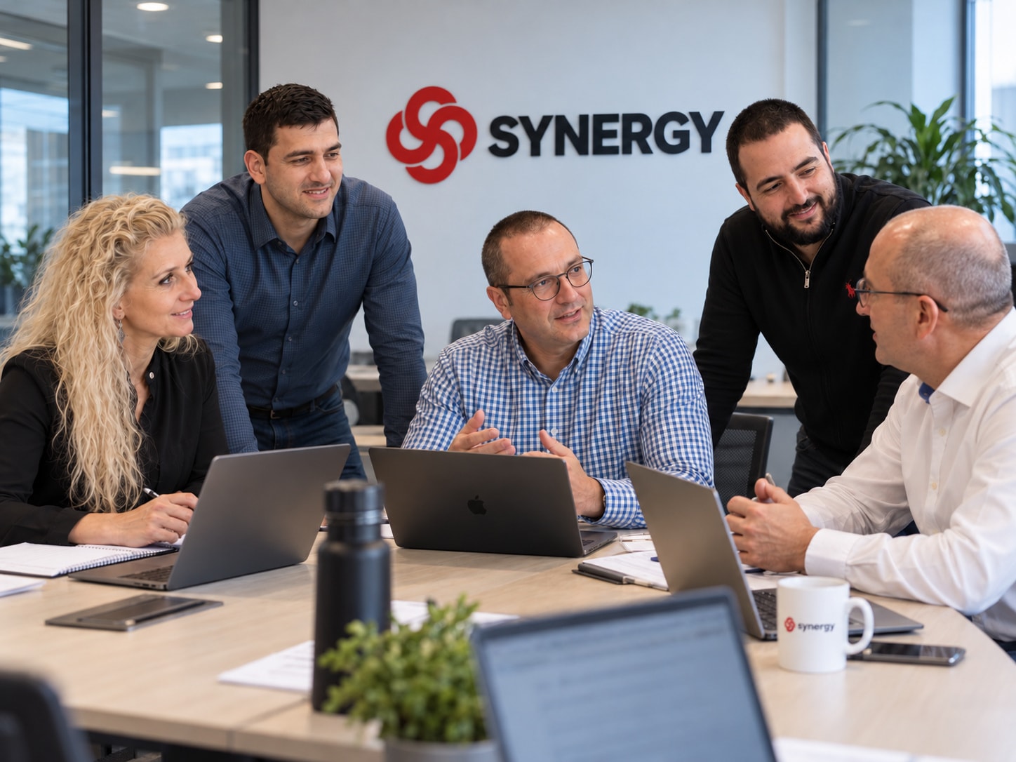 The Synergy team around a meeting table, the company logo on the wall behind them