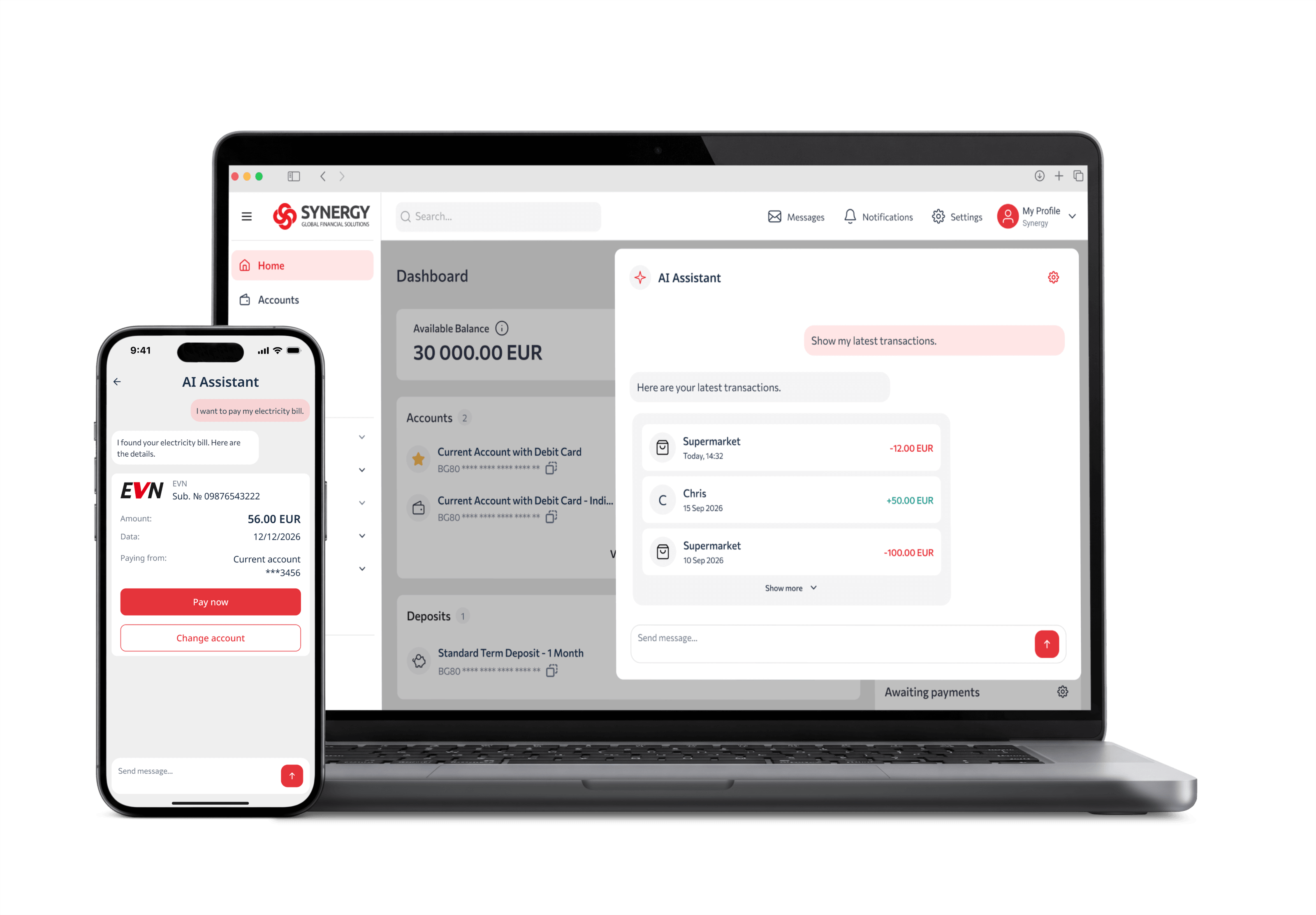 The AI Assistant in the Synergy banking platform, on a laptop and on a phone