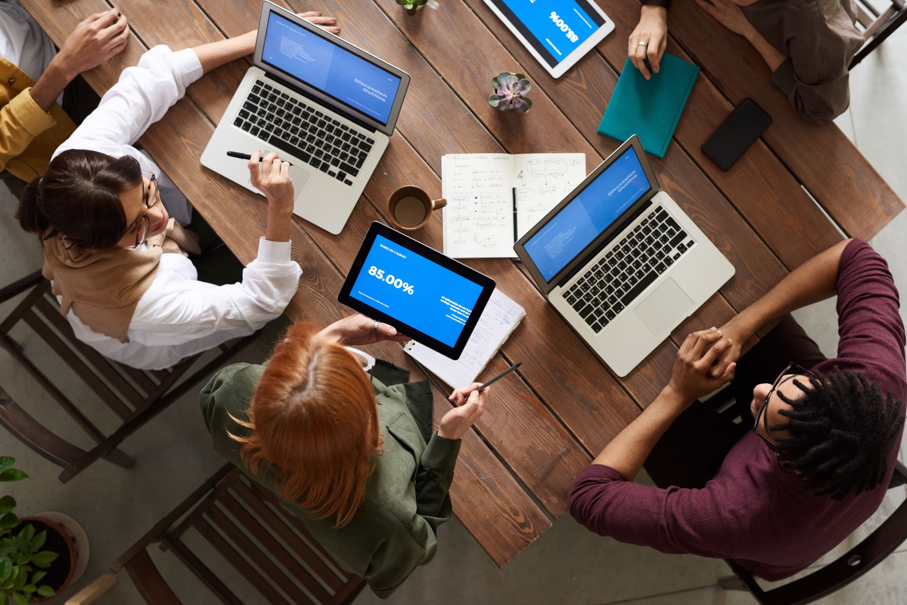 A Synergy team reviewing work together around a table of laptops and tablets