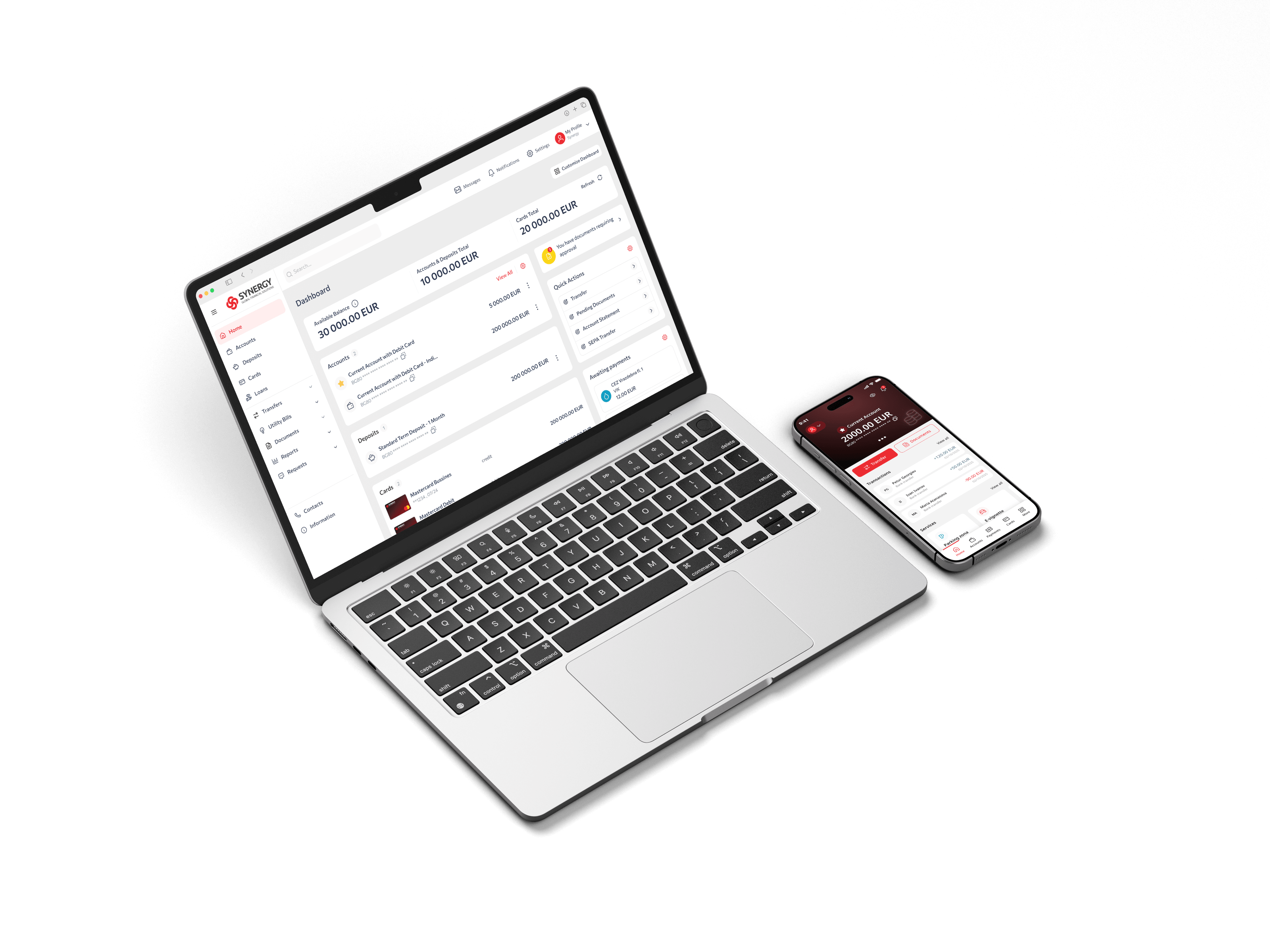 The Synergy banking platform running on a laptop and a phone