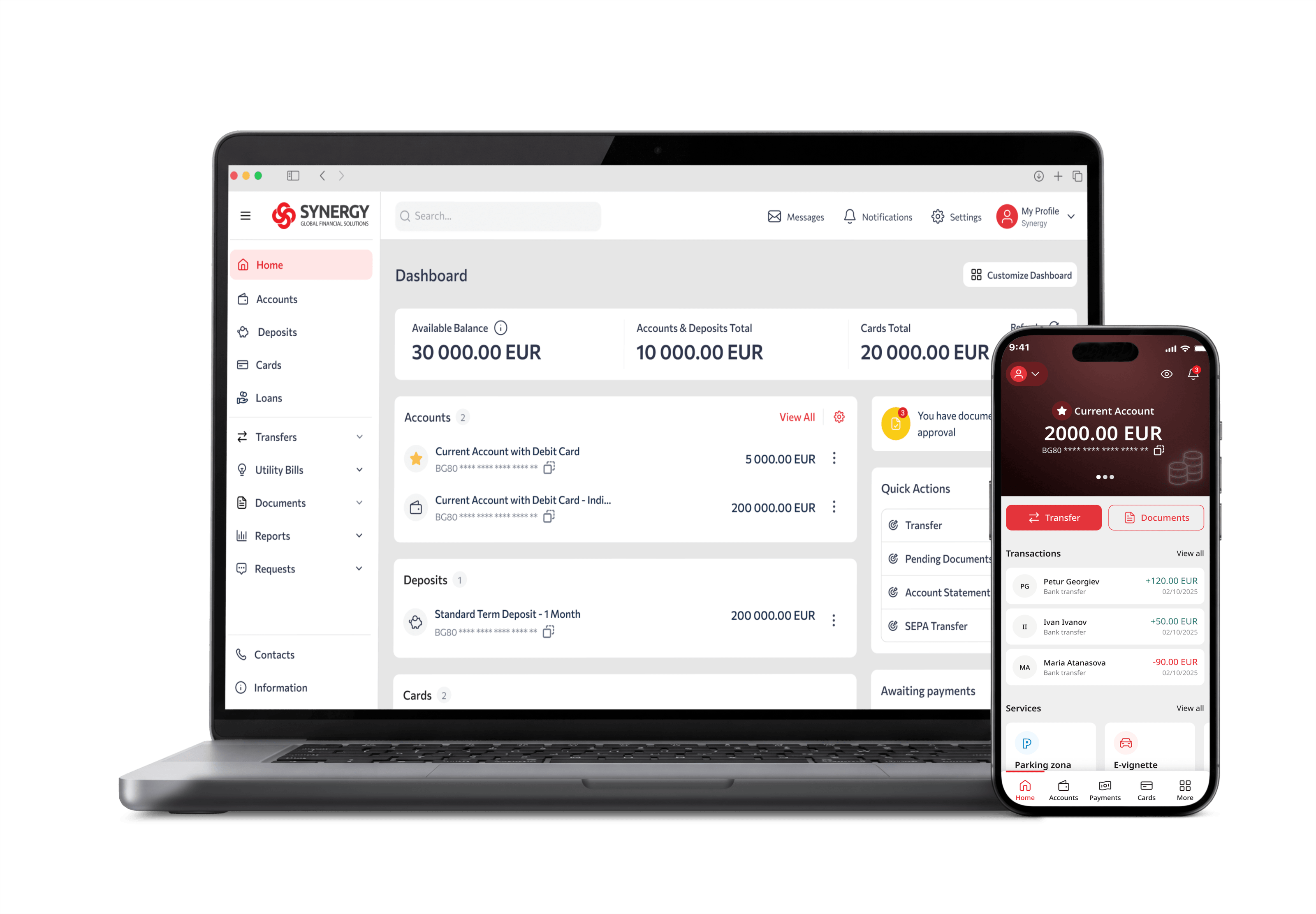 The Synergy banking platform's dashboard on a laptop, and its mobile app on a phone